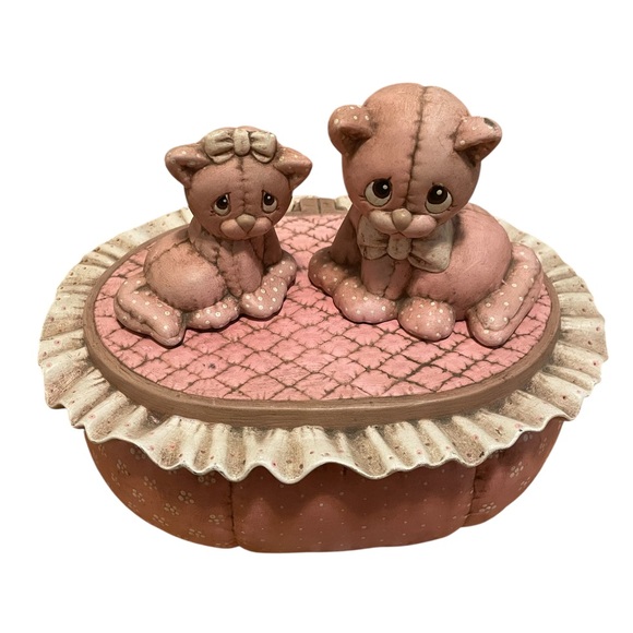 Vintage Dona’s Pink Ceramic Kitten Sewing Jewelry Box - Picture 1 of 4